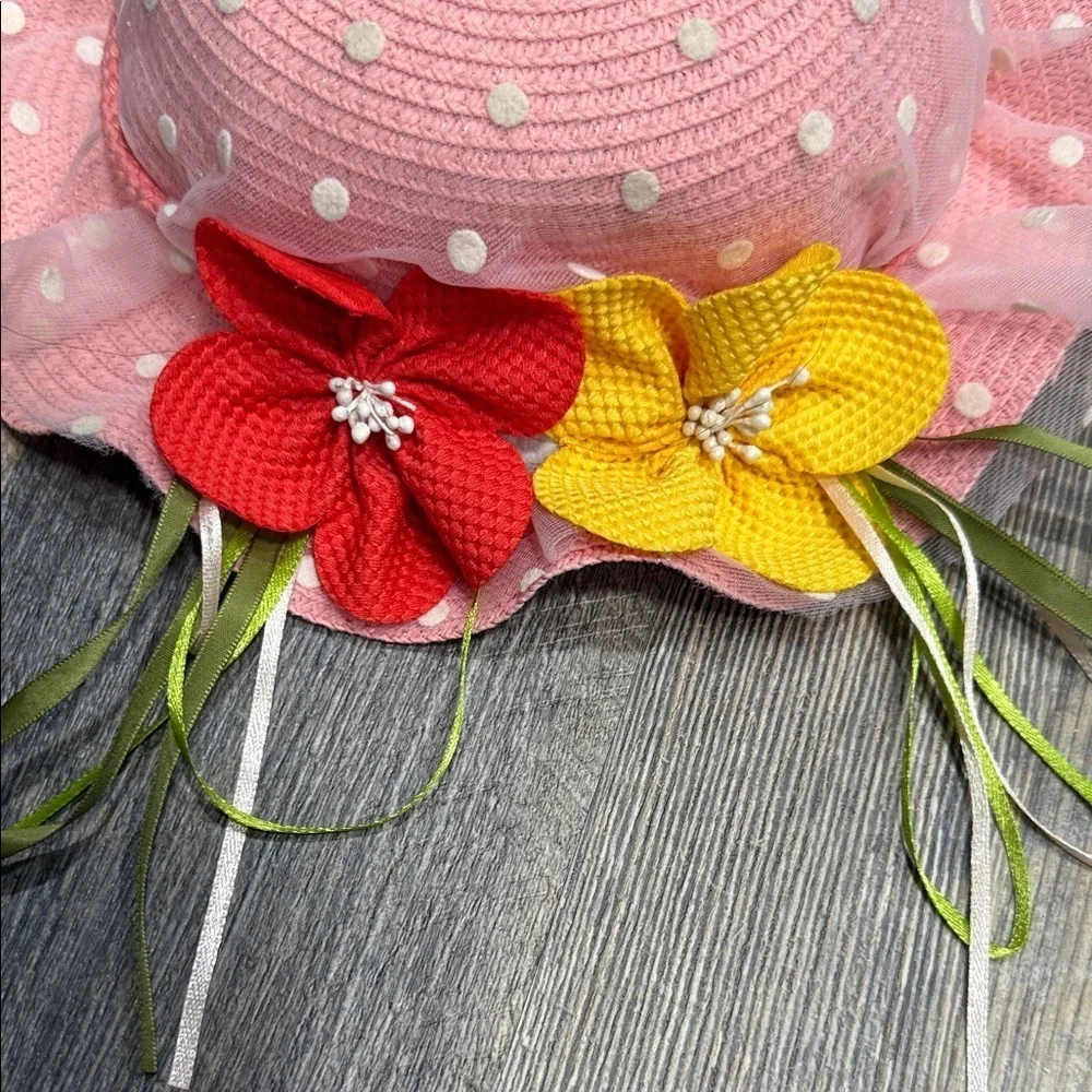 Pink Polka Dot Sun Hat with Floral Accents for kids